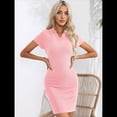 thumbnail image 4 of Vestido Corto Acanalado con Solapa y Cuello en V para Mujer, Color Liso, con Mangas y Control de Abdomen. Rosa L, 4 of 9