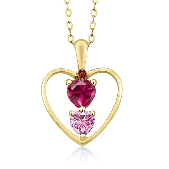 18K Yellow Gold Plated Silver Red Created Ruby Pink Moissanite and Red Garnet Pendant Necklace for Women (0.86 Cttw, Gemstone July Birthstone, Heart 5MM and 4MM, with 18 inch Silver Chain)