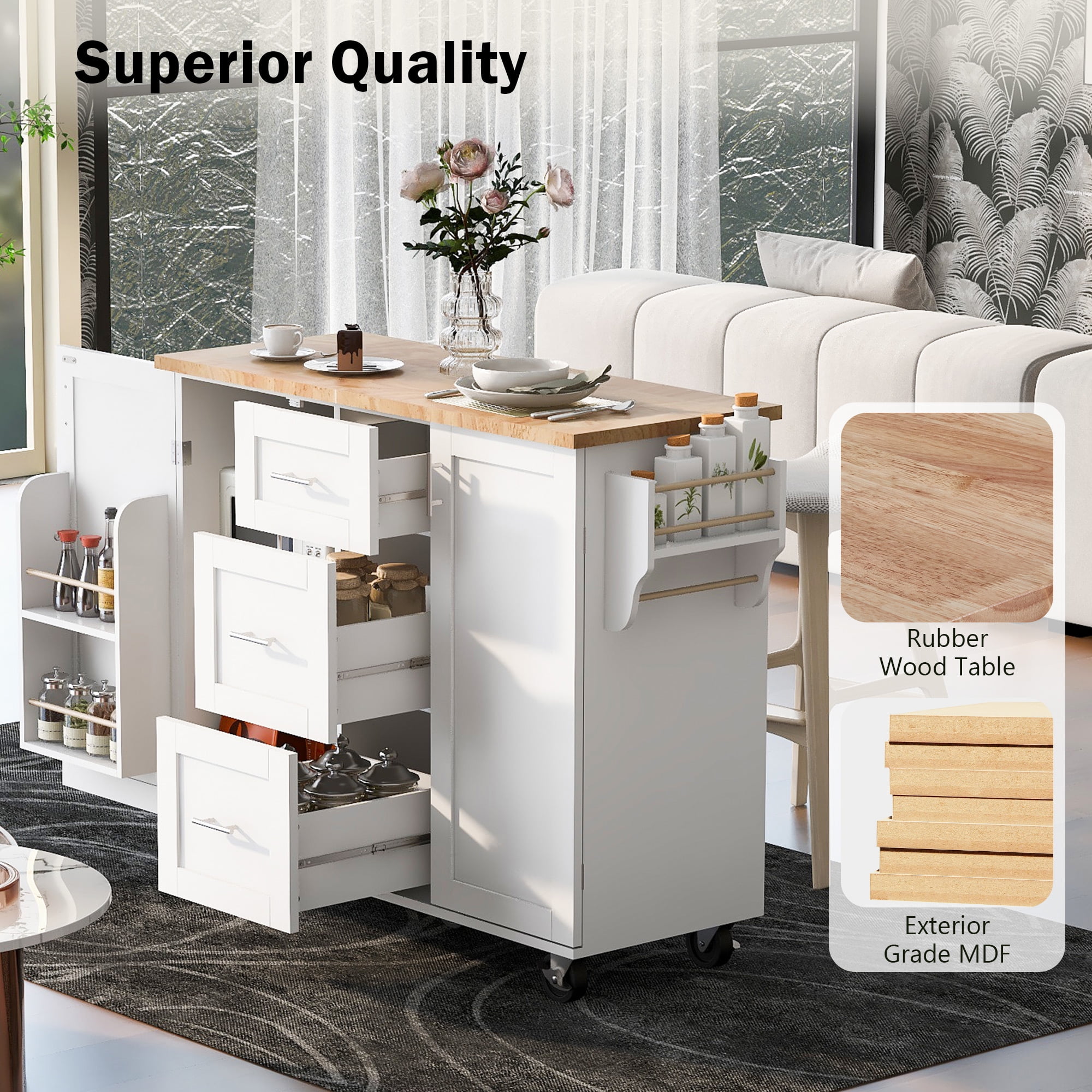 Aukfa Rolling Kitchen Island with Storage, Kitchen Cart W/3 Drawer & 2 Slide-Out Shelf,White