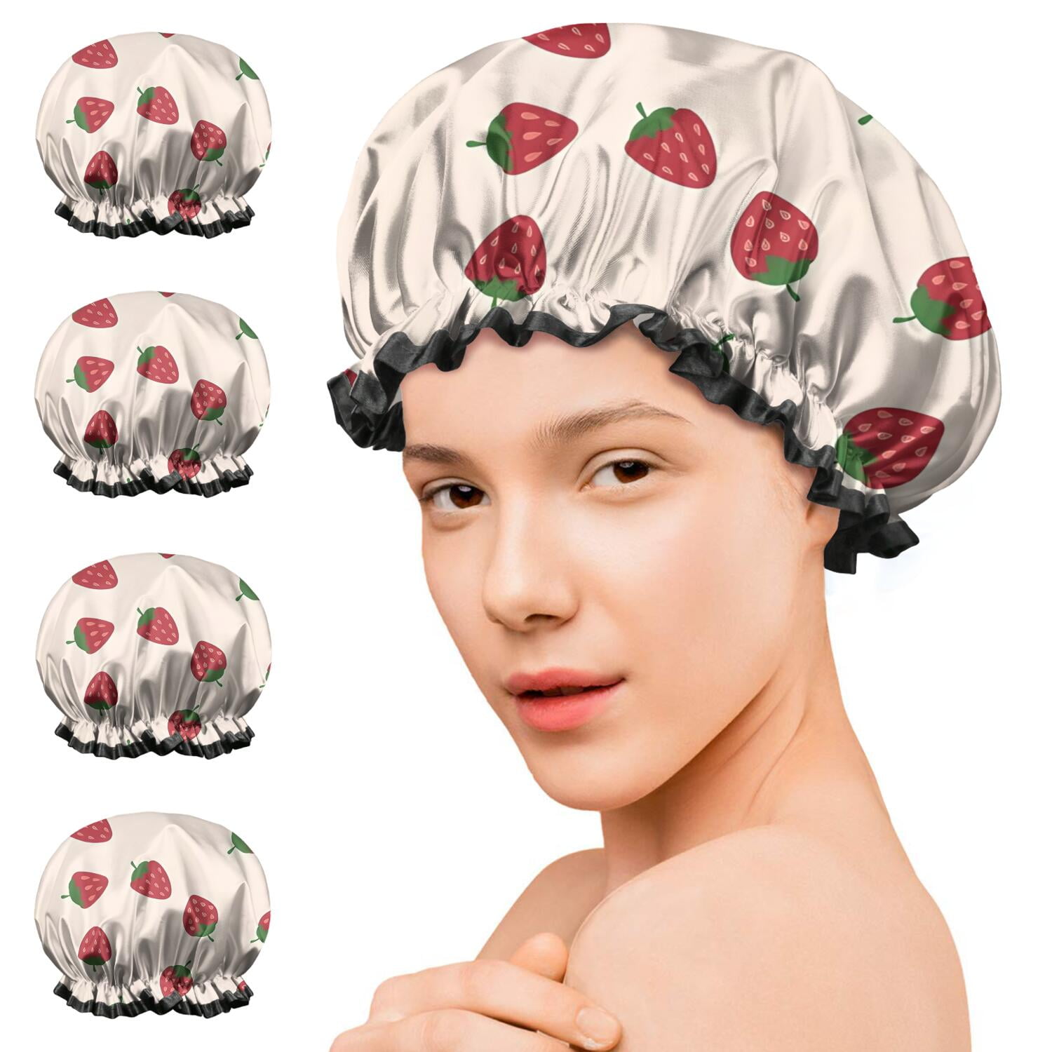Shower Caps,Red Strawberry Plants Fruit Light Pink Pattern Waterproof Shower Cap for Women 4 Pieces,Double Reusable Hair Cover for Shower PEVA Elastic Stretch Hem