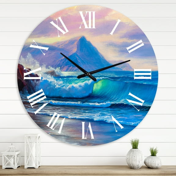 Designart 'Blue Waves Breaking At The Beach I' Nautical & Coastal Wall Clock
