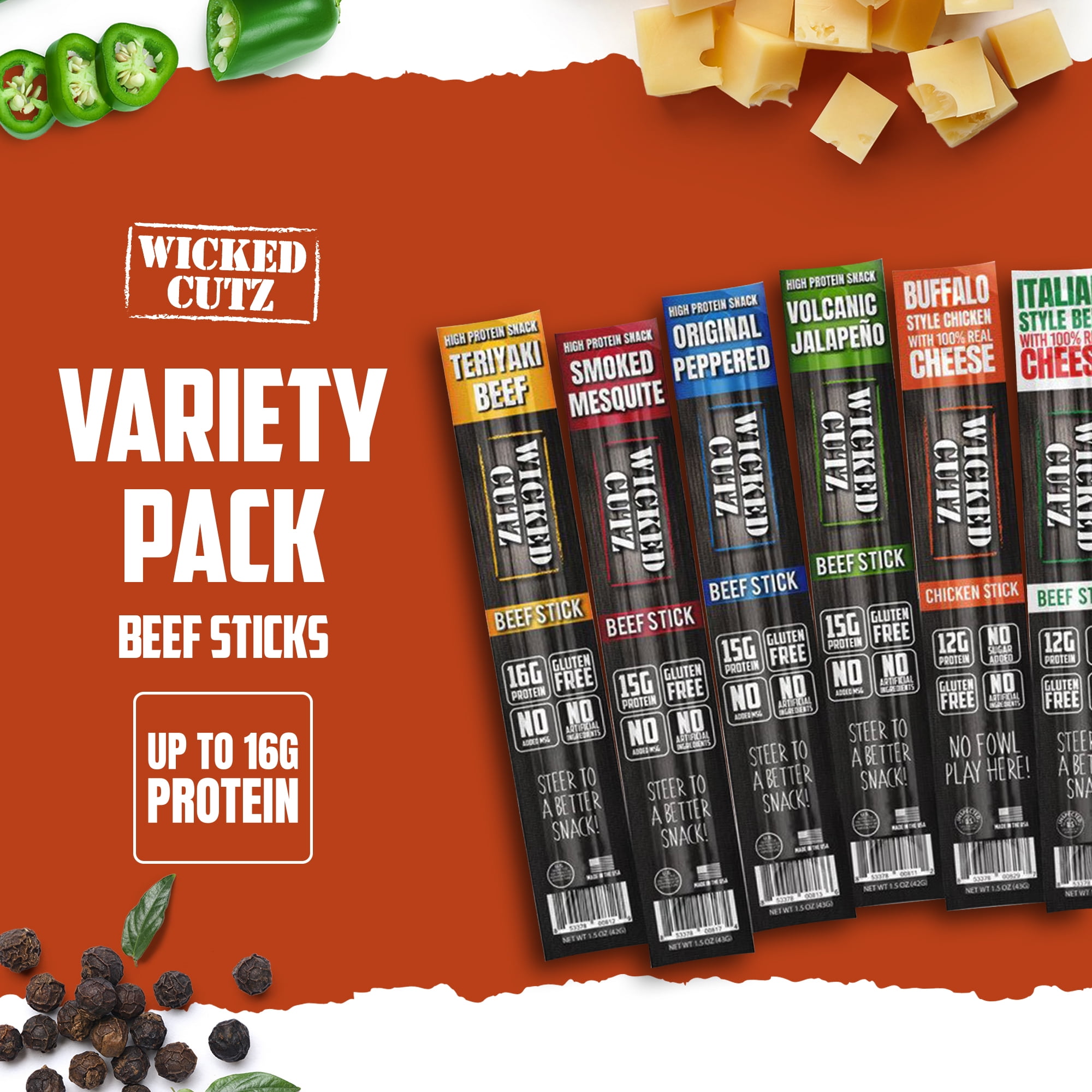 Wicked Cutz Premium Beef Jerky Sticks, Protein-Rich, 6-Flavor Variety Pack, 1.5 oz, 18-Pack