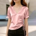 thumbnail image 5 of cocolona Womens Summer Satin Tops V Neck Short Sleeve Drawstring Side Slim Fit Shirt Trendy Casual Solid Color Blouses, 5 of 5