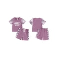 thumbnail image 3 of Aojekbee Toddler Girl Summer Outfit Letter Print Checkerboard Short Sleeve Tops Elastic Waist Shorts 2Pcs Clothes Set, 3 of 10