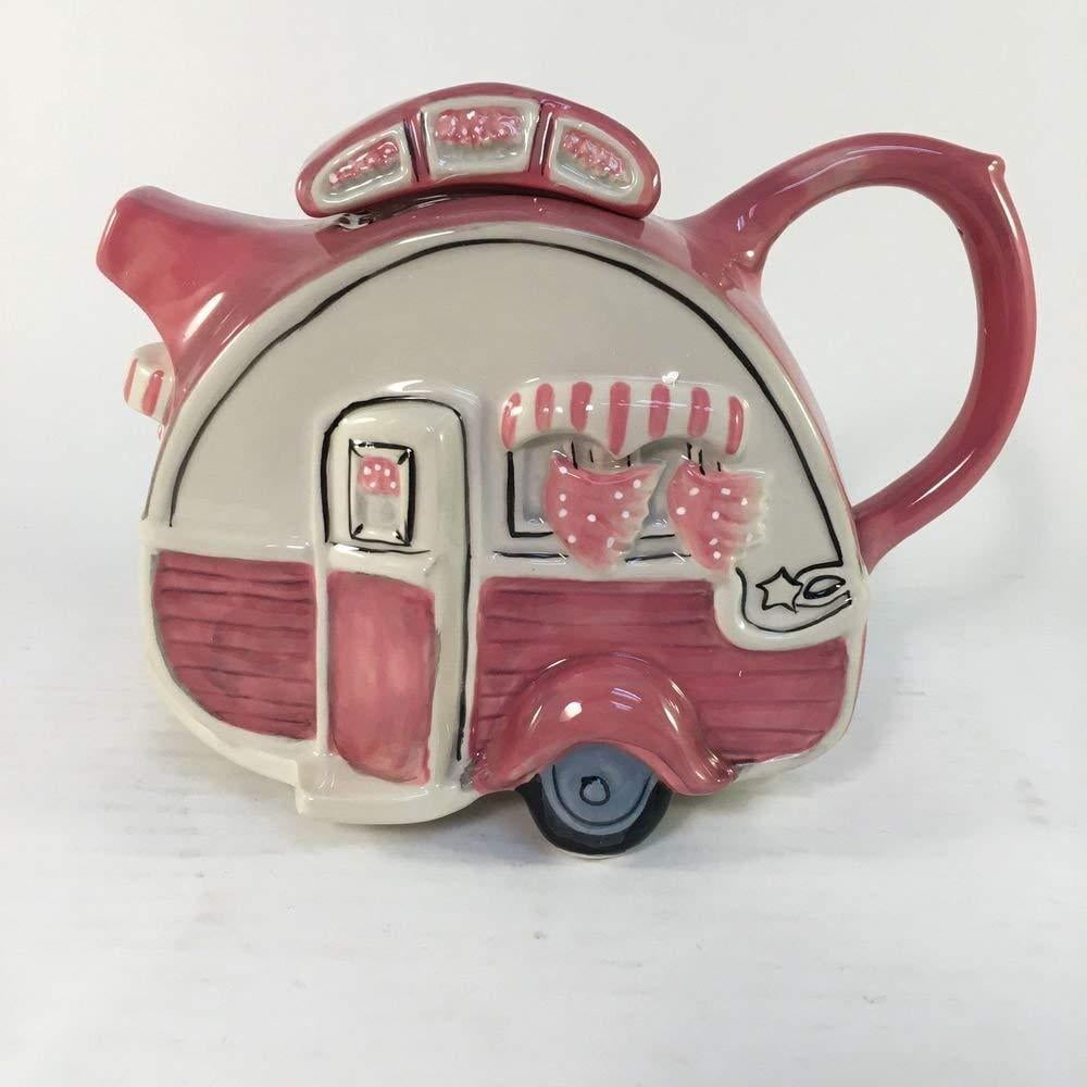 RETRO PINK CAMPER HandPainted Ceramic Teapot, by Blue Sky Ceramics, 6.