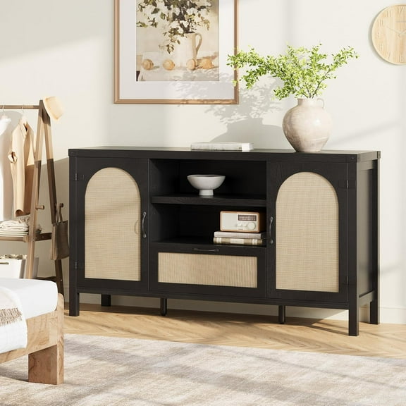 47.2" Rattan Buffet Cabinet with Storage, Boho Farmhouse Sideboard with Adjustable Shelves, Drawer, Doors, Kitchen Coffee Bar Cabinet, Black