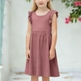 thumbnail image 4 of Cotton Linen Dress Girls Ruffled Collar Crew Neck Solid Color Midi Dresses Summer Comfy Casual Clothes (1-2Years, Pink), 4 of 6