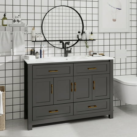 48" Black Bathroom Vanity with Ceramic Sink Combo, Abundant Storage Cabinet -4 Soft close doors and 4 drawers