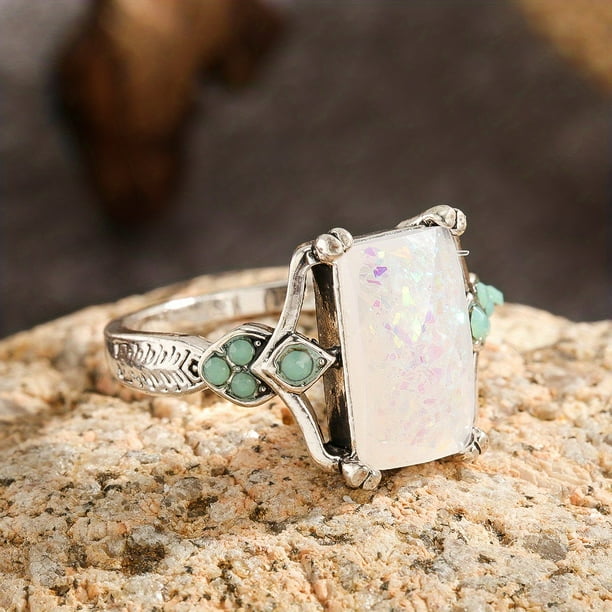 1pc elegant square White opal ring with antique silver finish