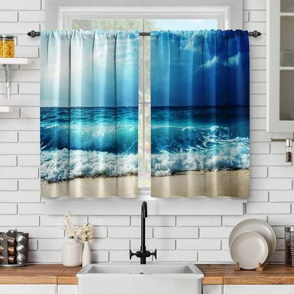 Ocean Beach Kitchen Curtains - Blue Ocean Tropical Hawaiian Summer Sea Waves Scenery Print Decor Home Bedroom Living Room Rod Pocket Window Drapes 2 Panels Set, 56"x36"