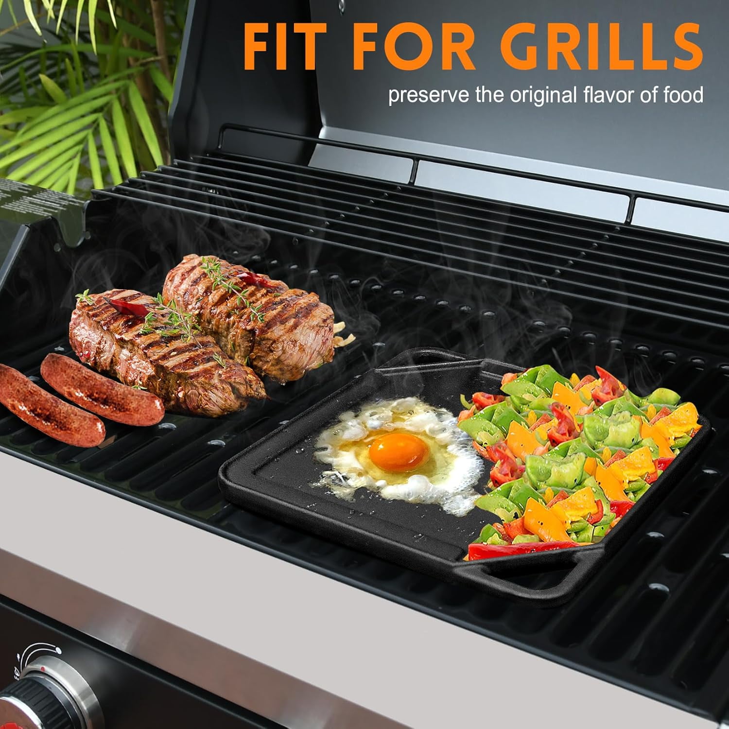 Cast Iron Reversible Griddle, 10x10 Square Baking Flat and Ribbed Griddle Plate for Gas Grills and Stove Tops