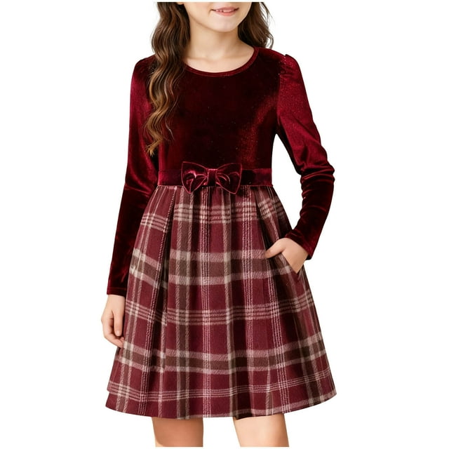 Robes Décontractées pour Femmes, Robe de Fête de Vacances à Manches Longues en Velours à Carreaux Patchwork pour Filles avec Poches