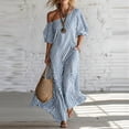 thumbnail image 2 of Yxbdin Off the Shoulder Maxi Dresses for Women Elegant Striped Print Sundresses with Pockets Trendy Puff Flowy Boho Dresses Outdoor Travel Summer Beach Dresses, 2 of 6