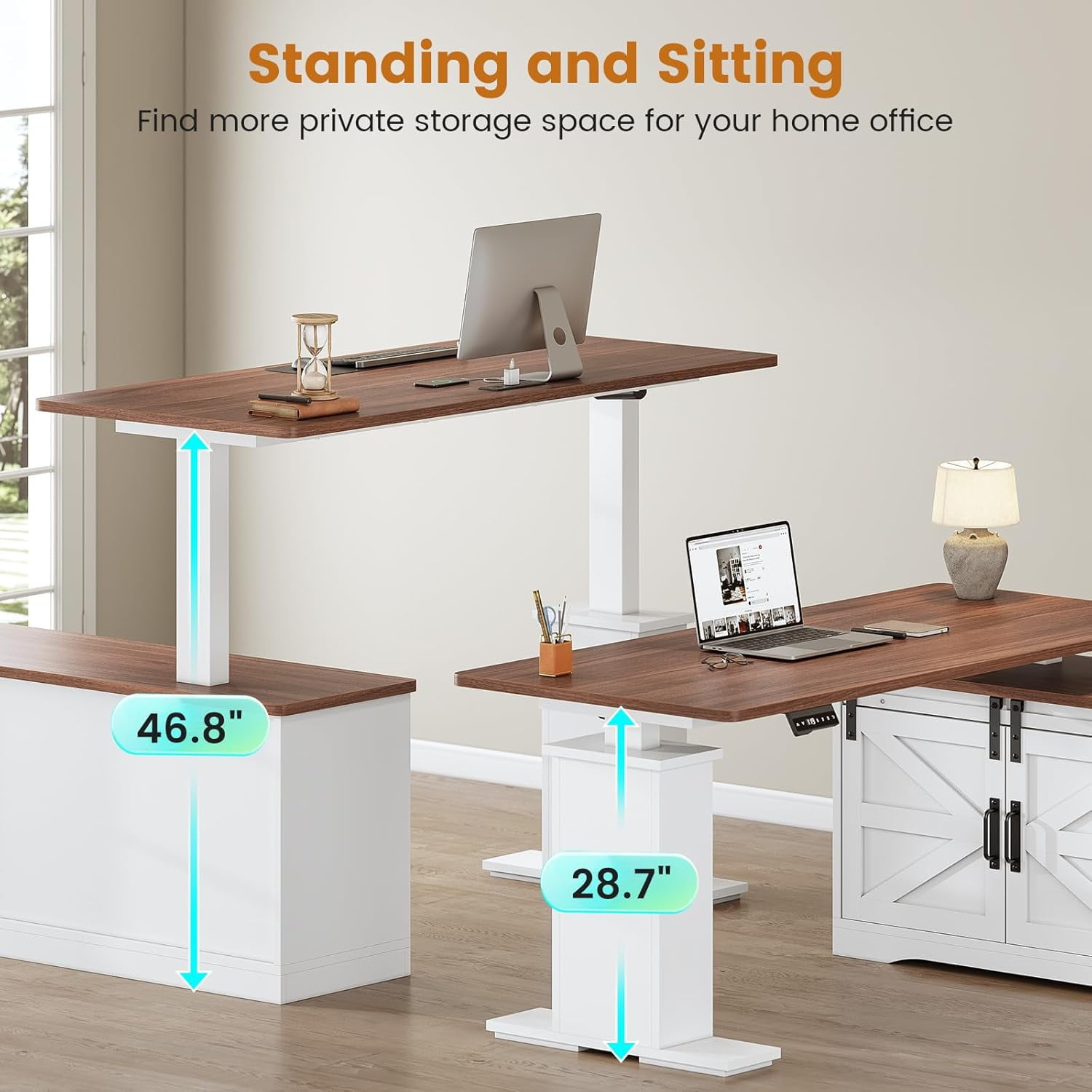 SEDETA Farmhouse L Shaped Standing Desk, 55 inch Height Adjustable Corner Desk with Storage Drawers, Standing Computer Desks with Power Outlets for Home Office, Elegant Computer Desk, White