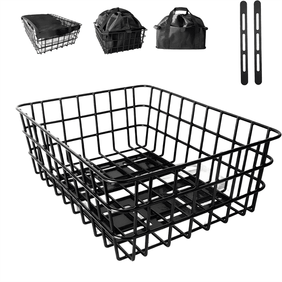 [GenericBrand] Black Large Heavy-Duty Bike Rear Basket with Liner, Waterproof Cover & Cargo Net - Fits Most E-Bikes