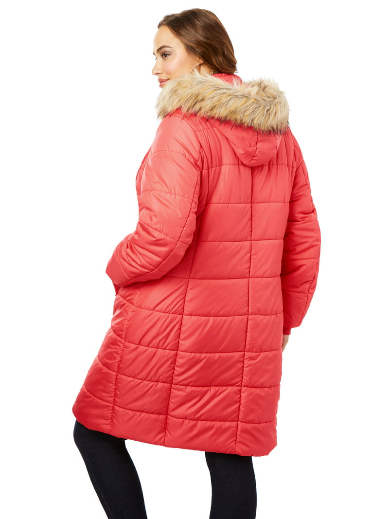 Women's Plus Size Mid-Length Puffer Jacket Hood Winter Coat -
