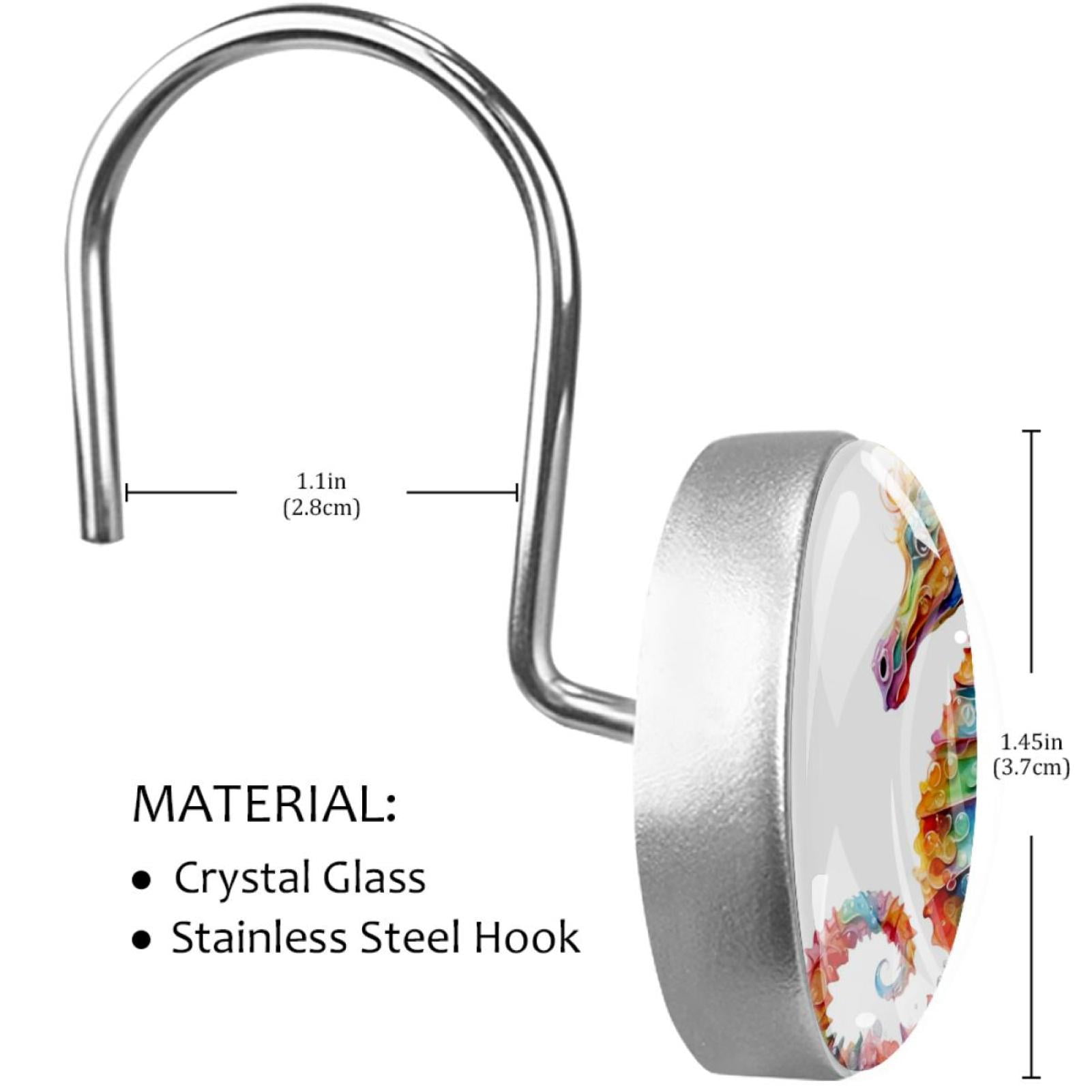 Seahorse Shower Curtain Hooks （Set of 12） for Home Hotel Shower Rods Bathroom Crystal Glass Print Stainless Steel Round Curtain Hooks