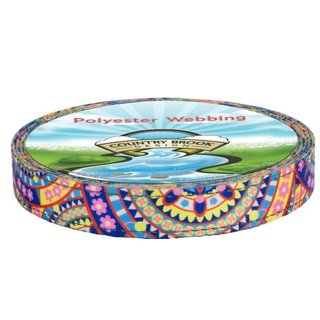 Country Brook Design® 1 inch Yellow Boho Mandala Reflective Polyester Webbing 5 Yards