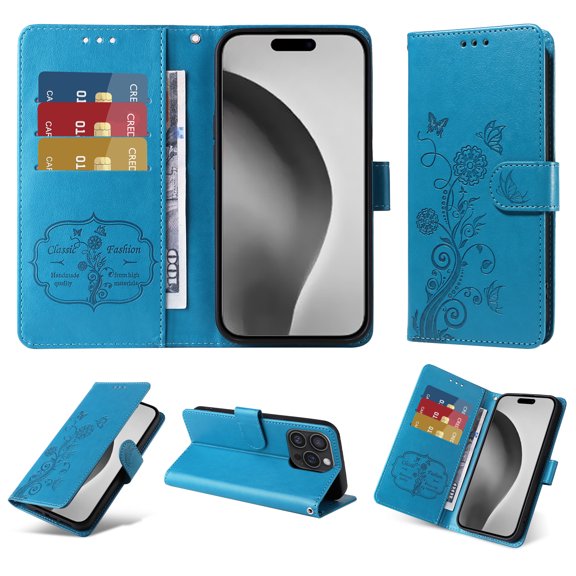 Designed for iPhone 16 Pro Case Wallet,Women Flip Folio Cover with Butterfly & Flower Embossed PU Leather Stand Credit Card Holders Slots Wrist Strap Shockproof Phone Case,Blue