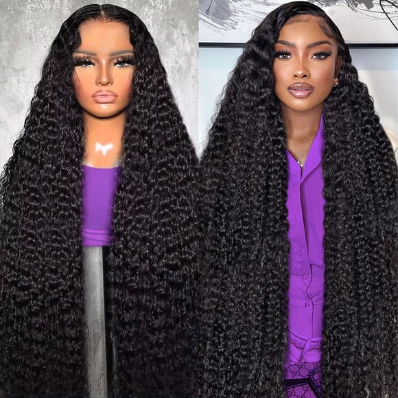 Nervoss Pelucas de cabello humano con encaje frontal de onda profunda de 34 pulgadas, 200% de densidad, 13x6 HD, transparente, rizado profundo, pelucas frontales de encaje para mujeres, pelucas sin pe