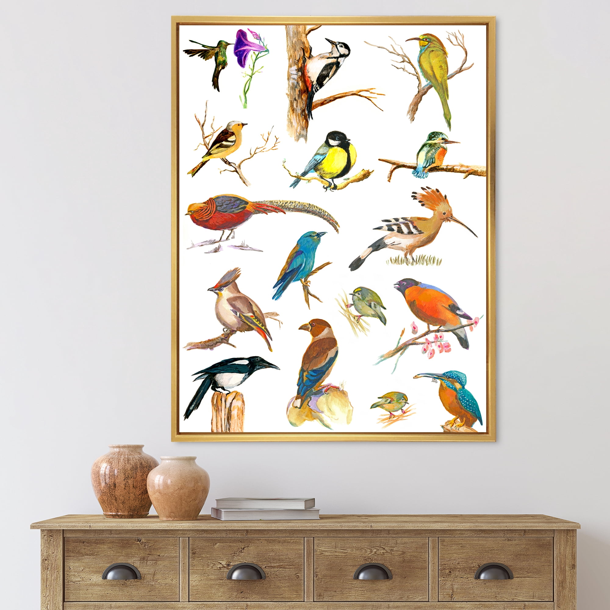 Designart 'Vital Colored Birds Plancard' Traditional Framed Canvas Wall Art Print