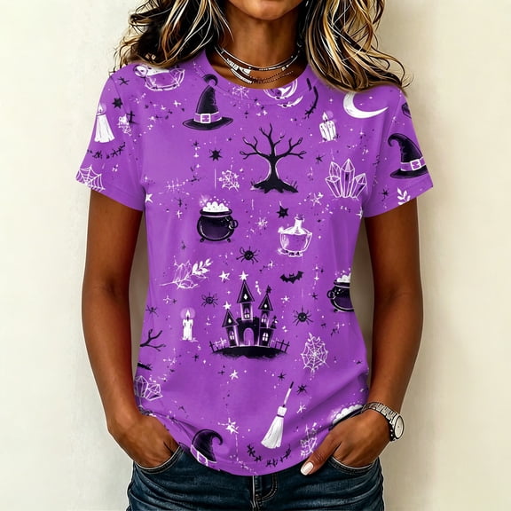 Halloween Tops for Women Short Sleeve Crewneck Witch Print T Shirts Funny Halloween Costume Party Top