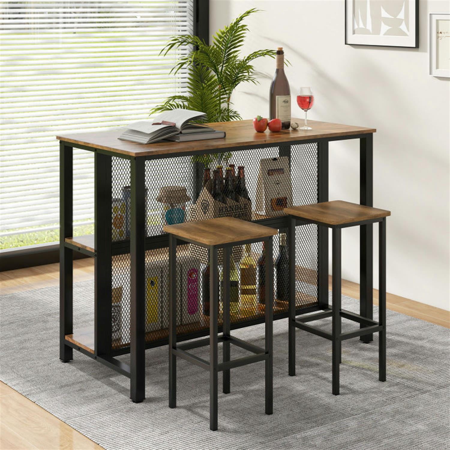 Demi Bonn 36" 3-Tier Bar Table with Storage Metal Frame Adjustable Foot Pads for Kitchen, Dining Room, Dinette, Breakfast Nook, Brown