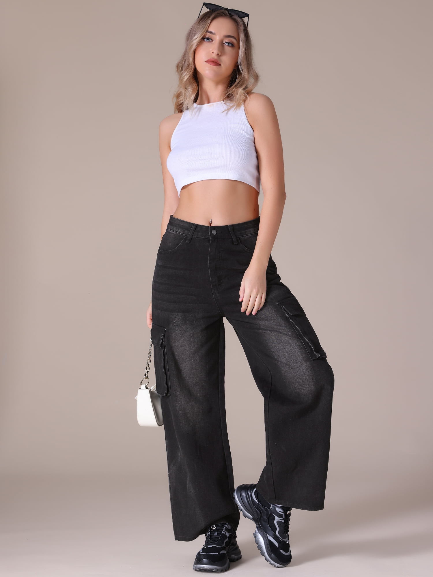 Unique Bargains Women's High Waisted Casual Wide Leg Baggy Denim Pants XL Black