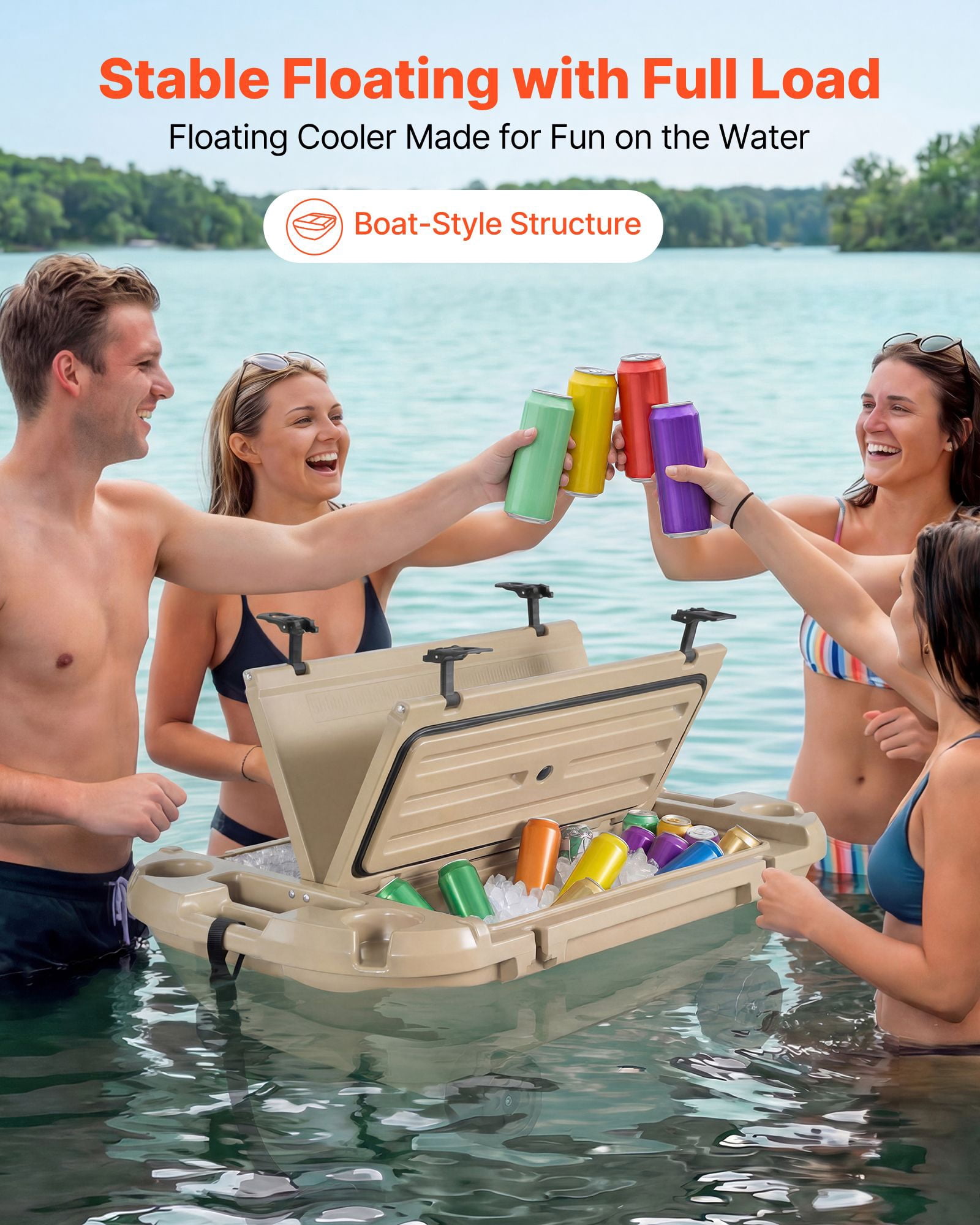 Floating Cooler, 40 QT Floating Ice Chest with Dry Storage, Wheels & Tow Rope, Amphibious Drink Cooler for Water & Land, Stable Cruiser on Lake, River, Pool, Beach, Kayak, Apricot