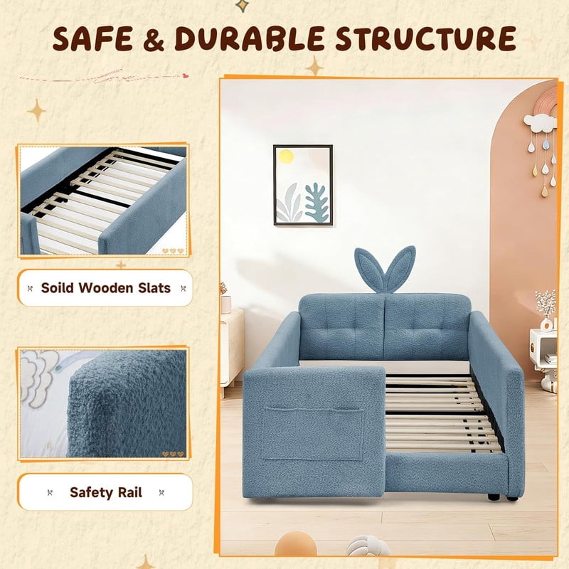 Twin Size Upholstered Platform Bed with Rabbit Ear Headboard, Kids Floor Bed with Storage Pocket & Safety Guardrail, No Box Spring Required
