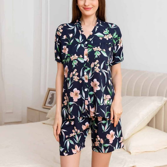 HaoXianJian Womens Pajamas s Floral Print Button Up Short Sleeves Sleepwear V-Neck SleepwearTops Shorts Summer Loungewear