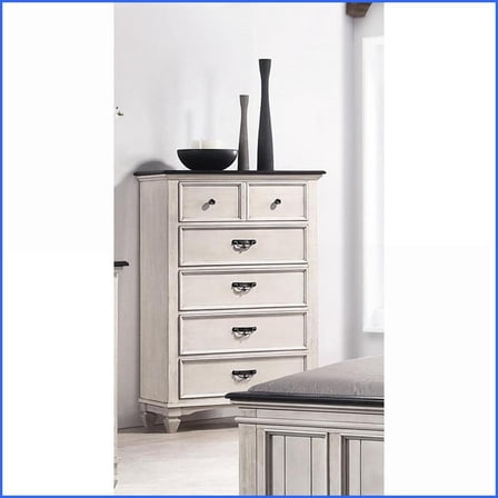 Chest, Farmhouse Two-Tone Antique White Storage Drawers with Black Nickel Hardware | Solid Wood | Beige