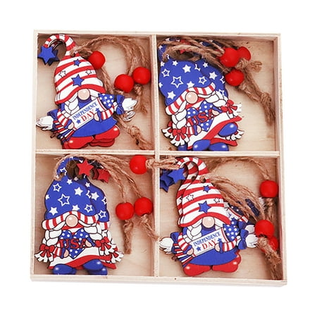 

QILIN 12Pcs Gnome Pendant Nordic Style Hand Painted Vivid Color 4th of July Patriotic Gnome Wood Ornament for Gift