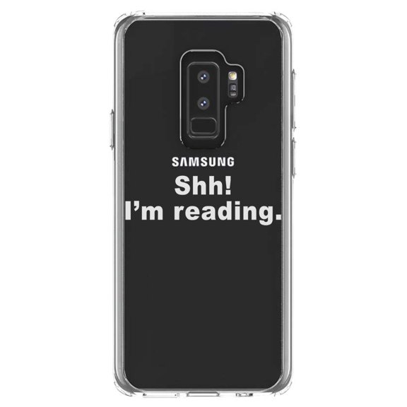 DistinctInk Clear Shockproof Hybrid Case for Samsung Galaxy S9  PLUS (6.2" Screen) - TPU Bumper Acrylic Back Tempered Glass Screen Protector - Shh! I'm Reading.