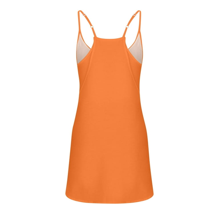 TQWQT Women Mini Dress Summer Solid Sleeveless Mini Dress V Neck Adjustable Spaghetti  Strap Athletic Short Dress with Pockets Orange M 