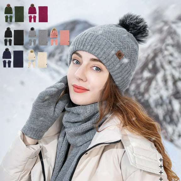 Nsxcdh Wool Hat Scarf Gloves Set Warm Knit Double Layer Cozy Stretch For Winter Outings,gloves,winter gloves,home and kitchen,workout gloves Gifts for Women and Men