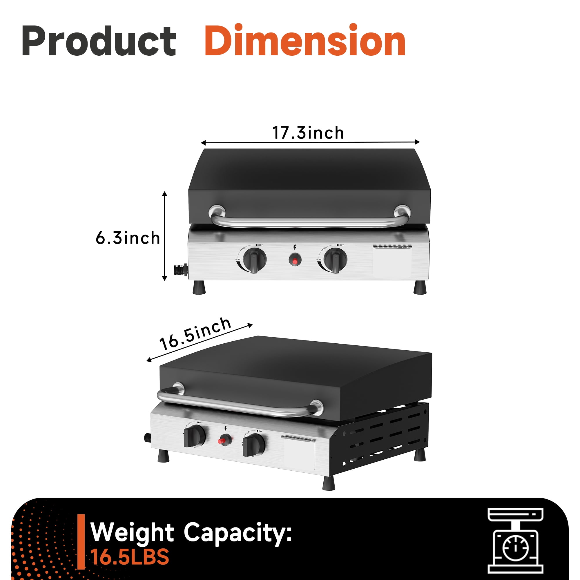 SKOK 17'' 2-Burner Portable Flat Top Gas Griddle with Hood, 30,000 BTU Outdoor Propane Griddle Station, 246 Sq. In. Cooking Surface for BBQ, Camping, Tailgating, Silver