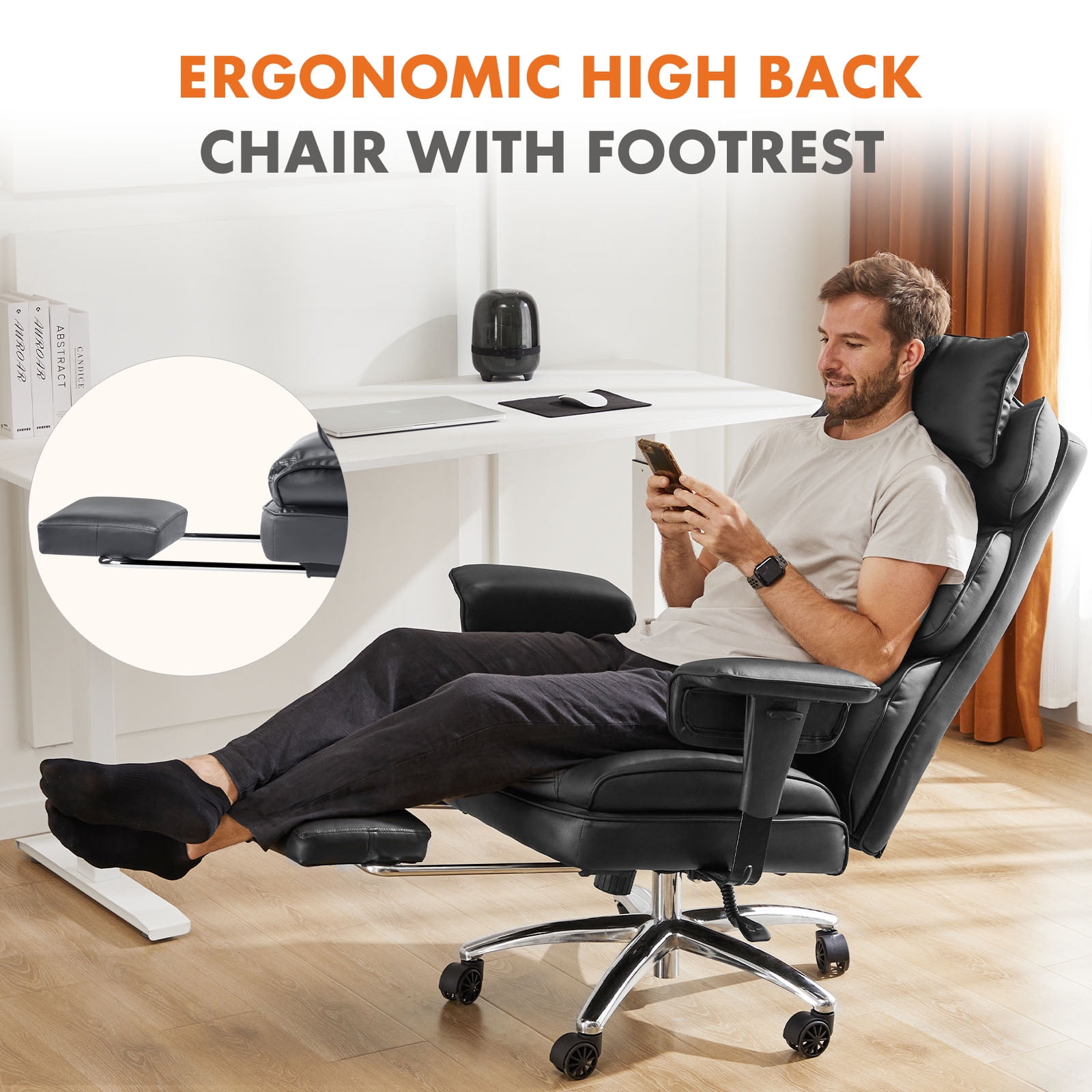 GIANNA Executive Home Office Desk Chair Ergonomic Big Tall High Back with Footrest & Lumbar Support, Reclining Height Adjustable Comfy PU Leather Computer Gaming with Swivel Wheels, Black