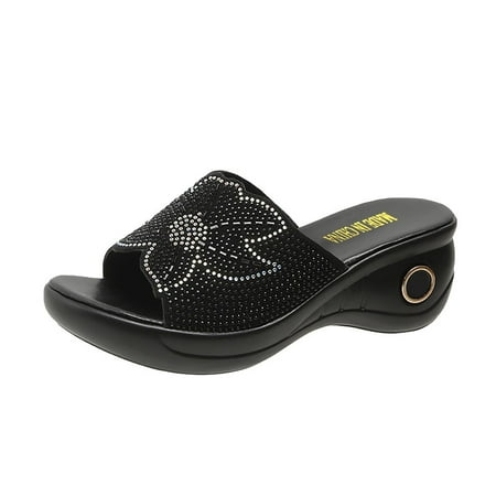

YanHoo Platforms And Wedges for Women Open Toe Thick Sole Arch Support Sandals Summer Rhinestone Dressy Non-Slip Causal Beach Slippers