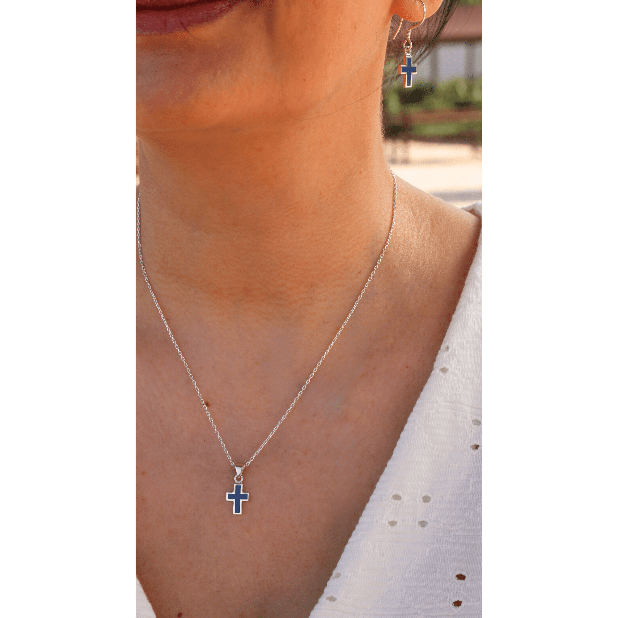 Echmeck 925 Sterling Silver Blue Lapis Lazuli Cross Dangle Earrings for Women - Handmade