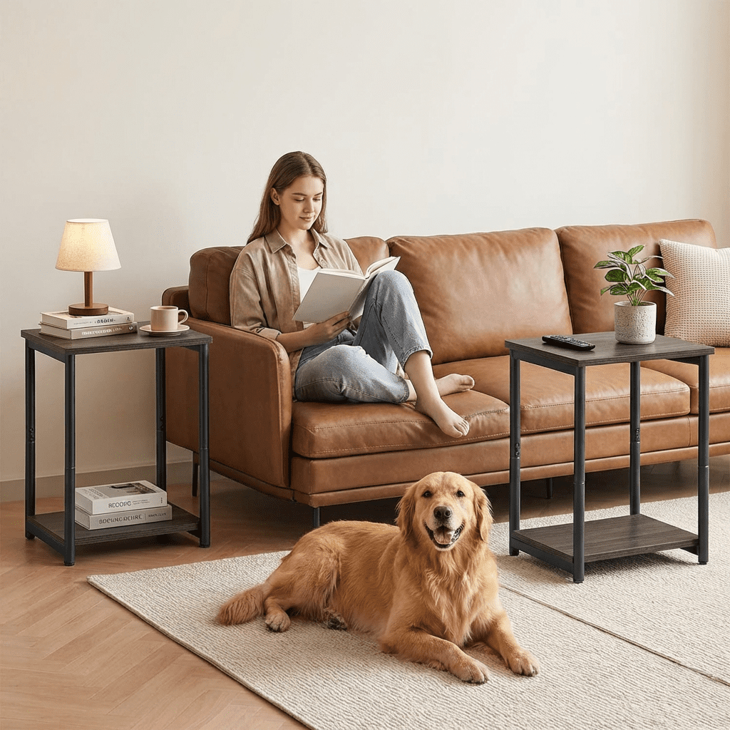 LEDREM Industrial 2-Pack Accent End Tables, Sturdy Steel Frame & Particleboard, Easy assembly, Adjustable Feet Slim Side Table, Brown & Black