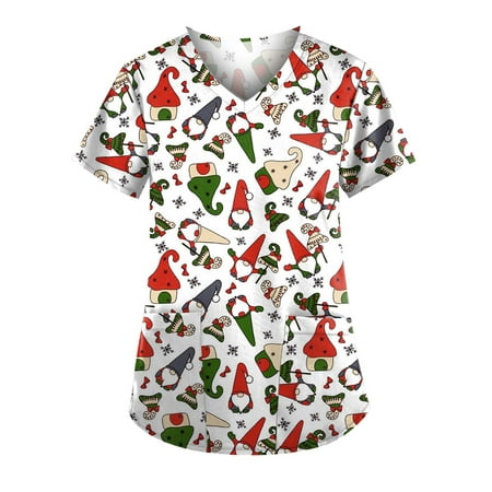 

qucoqpe Women Christmas Printed Nurse Scrubs Tops Short Sleeve V-Neck Nurses Working Uniform Workwear Tunic Clinic Carer Plus Size Protective Clothing on Clearance