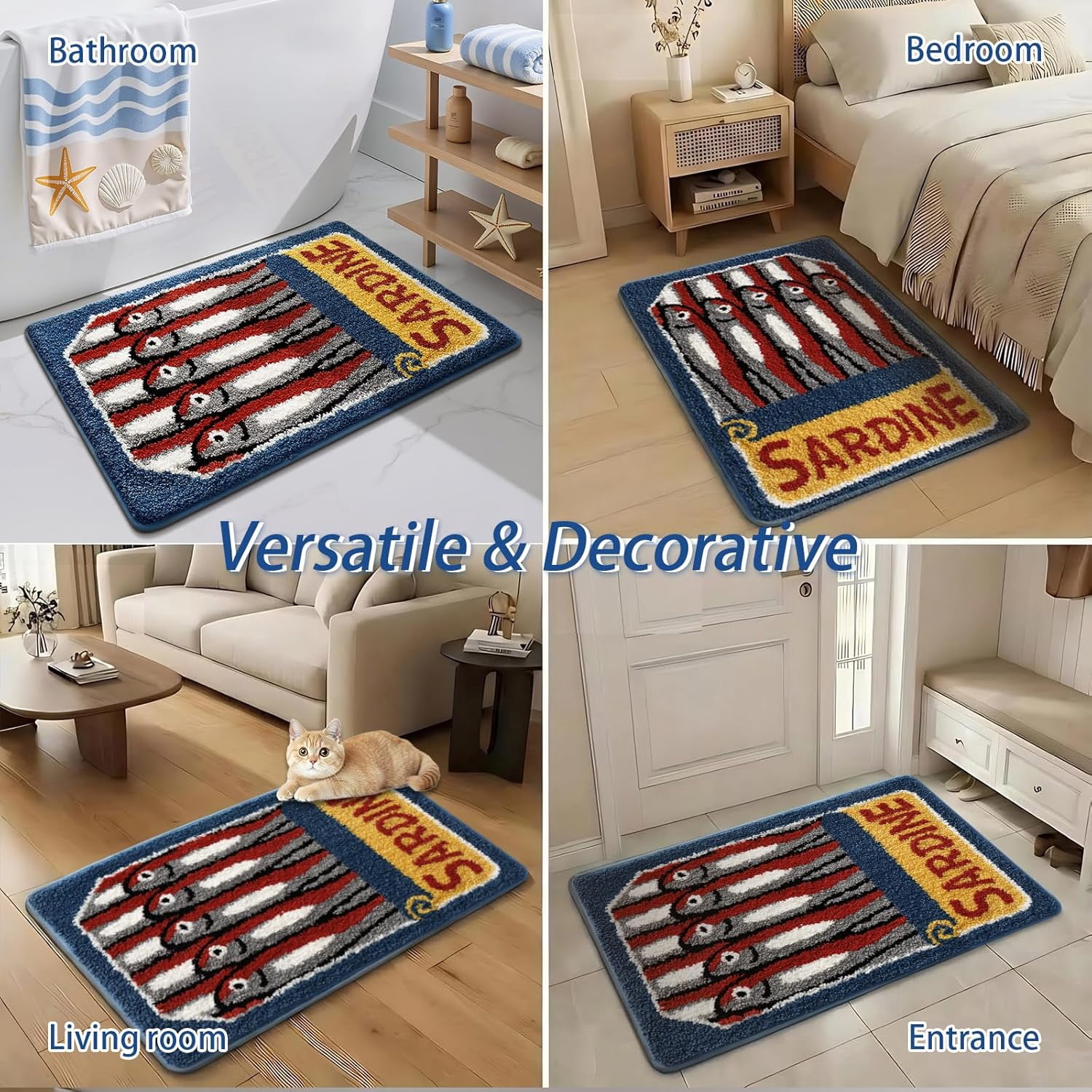 Canned Sardines Bath Mat, Full Can Design with Stacked Little Fish Non-Slip Rug Soft Absorbent Plush, Machine Washable Retro Ocean Decor for Bathroom Bedroom Entrance 20x31 Inch