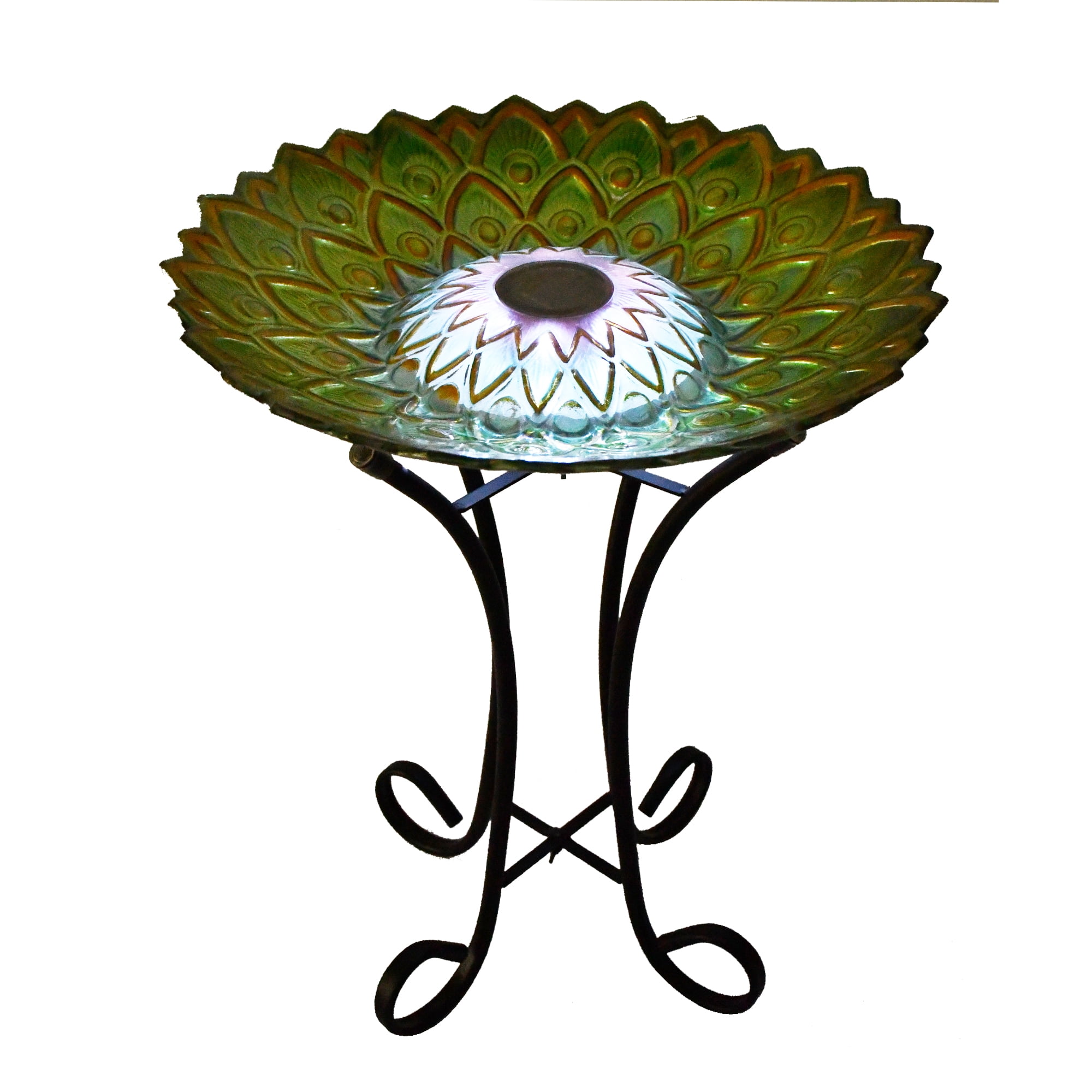 SOLAR PEACOCK GREEN GEOMETRIC GLASS BIRD BATH WITH STAND