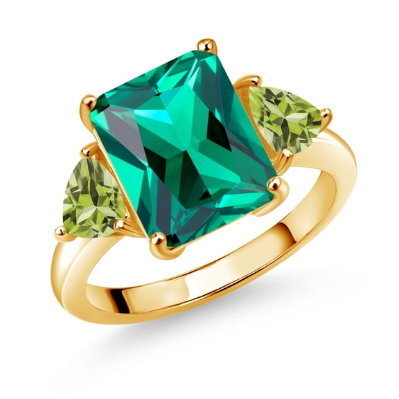 Gem Stone King 18K Yellow Gold Plated Silver Green Nano Emerald and Green Peridot 3 Stone Ring for Women (6.44 Cttw, Emerald Cut 12X10MM, Trillion 5X5MM, Gemstone May Birthstone, Size 8)