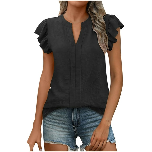 Timegard Summer Top for Women Ruffle Cap Sleeve V Neck Lightweight Tee Casual Solid Color Tunic Top