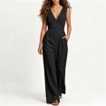 thumbnail image 7 of VBVC Women's Cotton Linen Wrap V Neck Jumpsuit , Sleeveless Summer Romper For Women , Ladies' Wide Leg Vacation Overalls with Pockets, Black , S-2XL, 7 of 7
