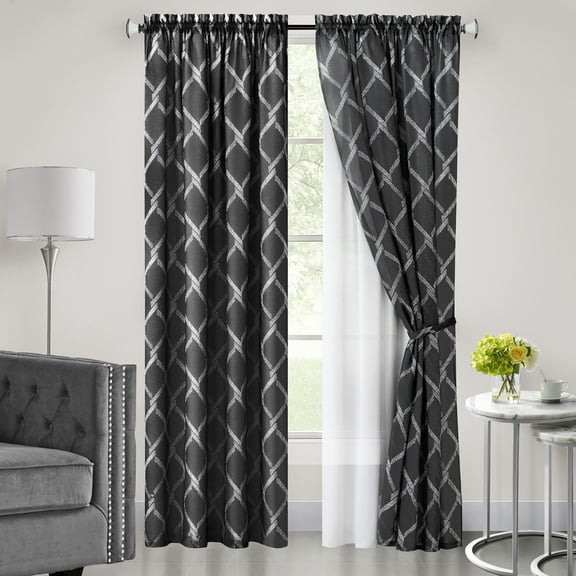 Achim Bombay Indoor Polyester Light Filtering Geometric Curtain Panel, Black, 52-in W x 63-in L