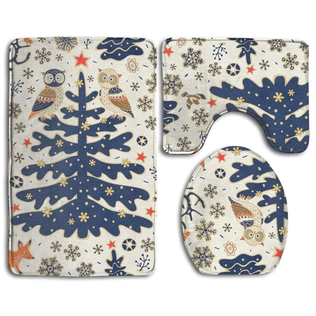 ABPHQTO Resumen Navidad vacaciones búhos zorros Juego de alfombras de baño de 3 piezas Alfombra de baño Alfombra de contorno y tapa de inodoro