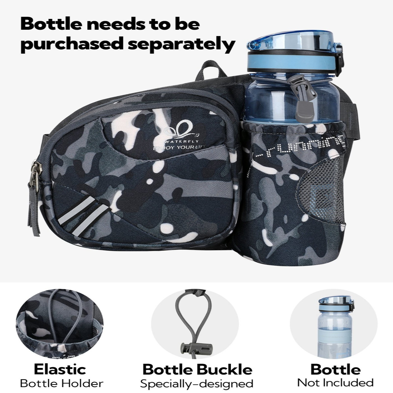 WATERFLY Unisex 3.5L Nylon Fanny Packs with a Water Bottle Holder Travelling Hiking Walking,Black camouflage